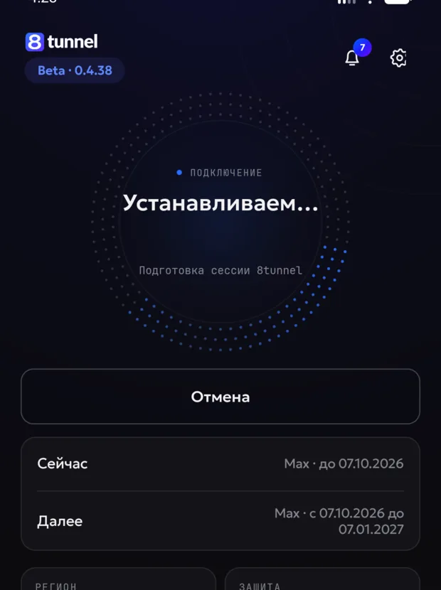 Экран подключения 8Tunnel с этапом установки соединения