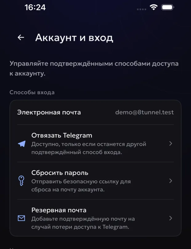 Экран «Аккаунт и вход» в приложении 8Tunnel для iPhone
