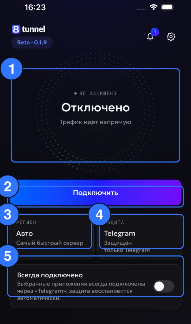 Главный экран 8Tunnel для iPhone с подписанными элементами